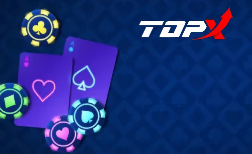 Imagen de marca de TopX: cartas y fichas sobre fondo azul